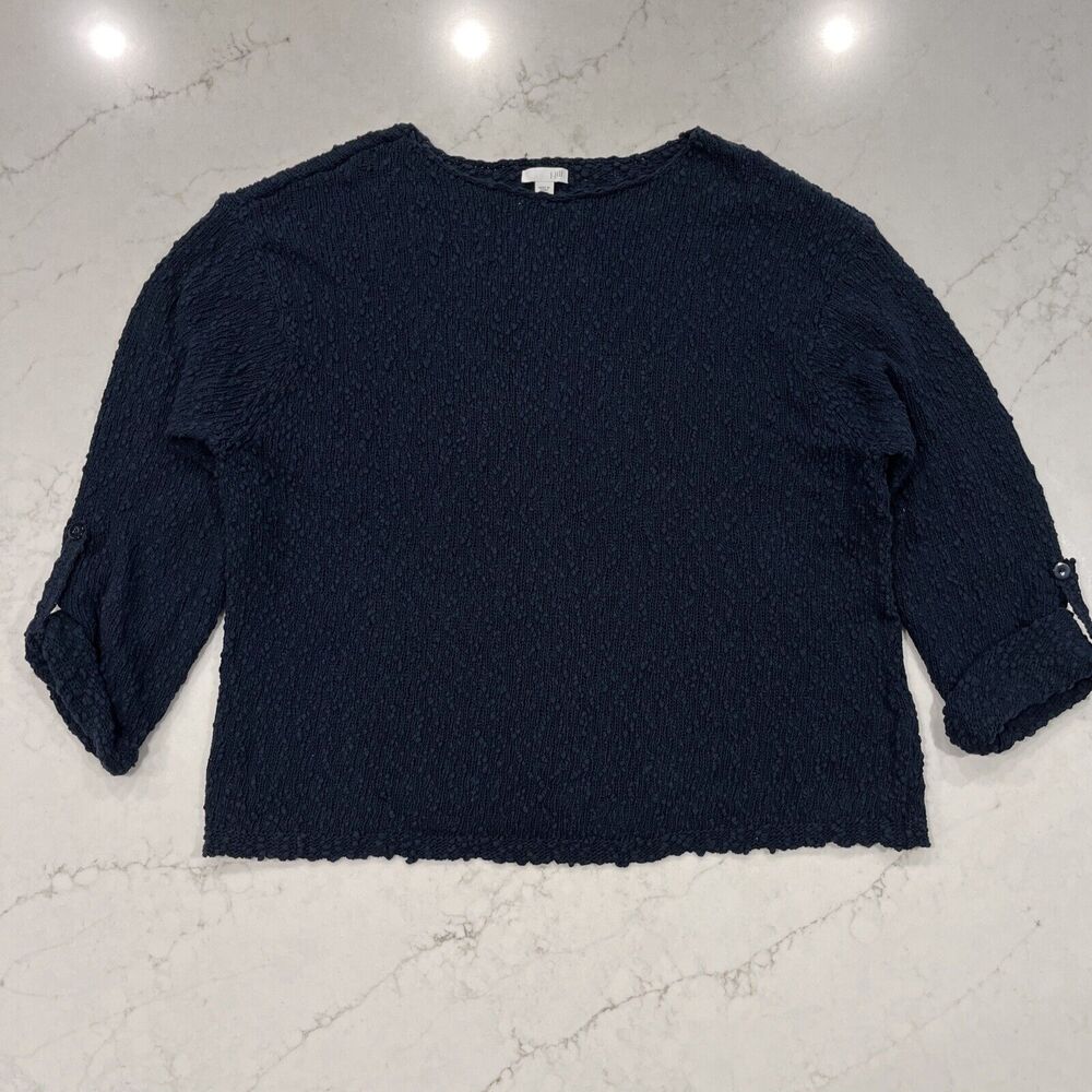 J Jill Womens XL Textured Sweater Navy Blue 100% Cotton Pullover Roll Tab Sleeve